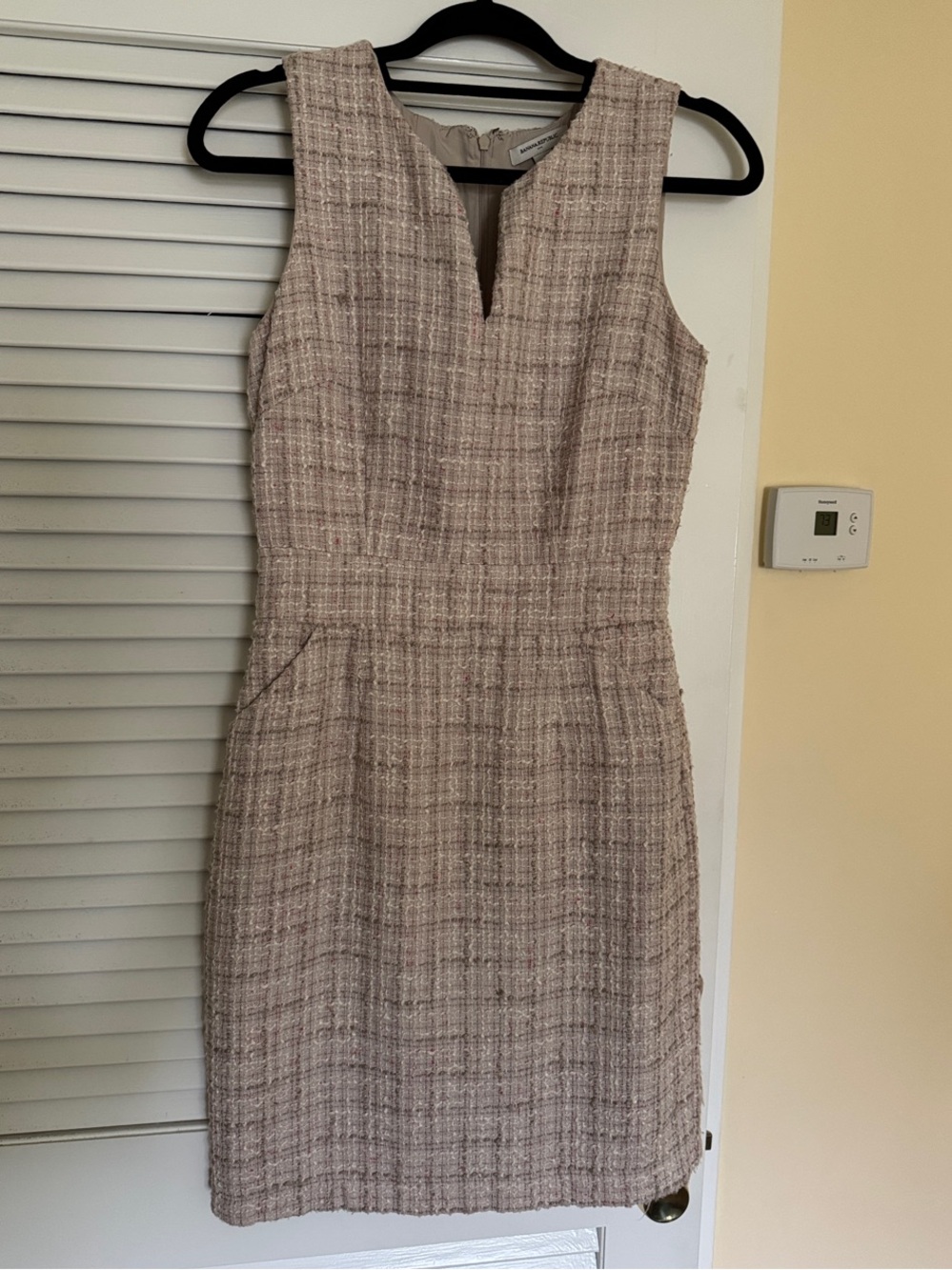 Sleeveless Tweed Shift Dress in Beige